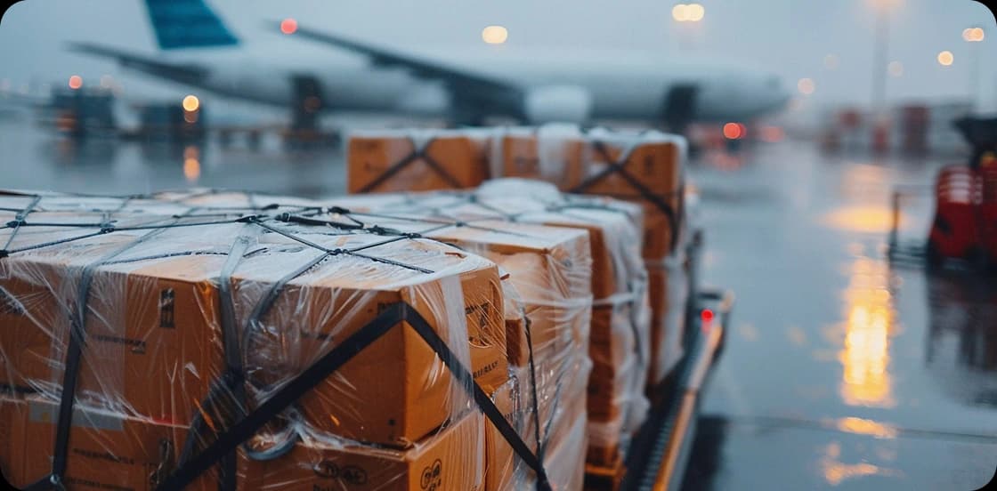 Pallets of cardboard boxes wrapped in plastic strapped and ready for air freight loading on airport tarmac in rainy weather
