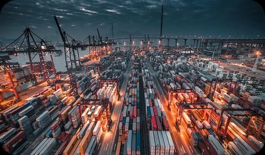 Busy freight port with containers and logistics traffic